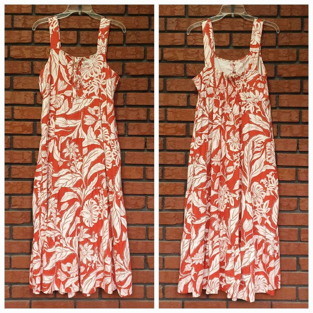 Floral Tiered Tank Dress Sz M Linen Blend Midi or Maxi Orange Red Tropical
